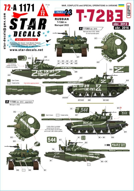 Star Decals 72-A1171 War in Ukraine # 23Russian T-72B3 in Mariupol 2022.T-72B3 obr. 2012 and obr. 2016 1/72