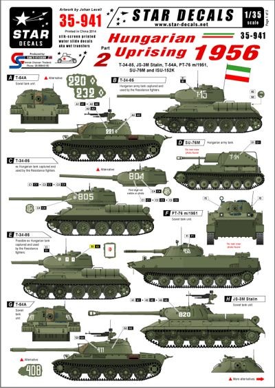 Star Decals STAR35941 Hungarian Uprising 1956 #2. Soviet T-34-85, SU-76M, JSU-152K, JS-3M Stalin, PT-76 m/1951 1/35