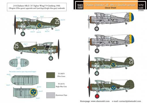SBS model D72005 Декаль Gl.Gladiator (J8,J8A) Swedish AF Vol.I 1/72