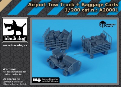 Black Dog A20001 Airport tow truck + baggage carts (3D-Printed) 1/200