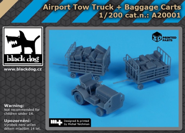 Black Dog A20001 Airport tow truck + baggage carts (3D-Printed) 1/200
