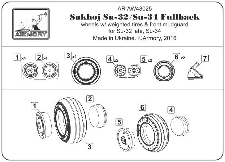 Armory ARAW48025 Sukhoi Su-32/34 wheels with weighted tires/tyresSu-32 late, Su-34 1/48