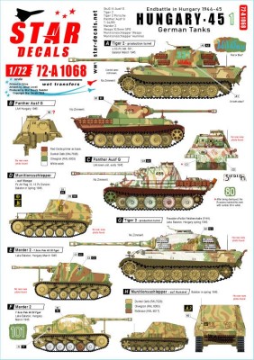 Star Decals 72-A1068 Hungary 45 # 1. German tanks and AFVs in Hungary 1944-45. Sturmgeschutz/StuG.III Ausf.G, Tiger 2, Tiger 2 Porsche, Panther Ausf.G, Soviet T-34/85, Marder 2 Wespe 10,5mm SPG, Munitionsschlepper Wespe and Munitionsschlepper Hummel 1/72