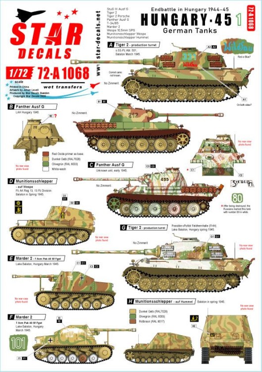 Star Decals 72-A1068 Hungary 45 # 1. German tanks and AFVs in Hungary 1944-45. Sturmgeschutz/StuG.III Ausf.G, Tiger 2, Tiger 2 Porsche, Panther Ausf.G, Soviet T-34/85, Marder 2 Wespe 10,5mm SPG, Munitionsschlepper Wespe and Munitionsschlepper Hummel 1/72