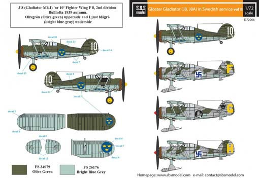 SBS model D72006 Декаль Gl.Gladiator (J8,J8A) Swedish AF Vol.II 1/72