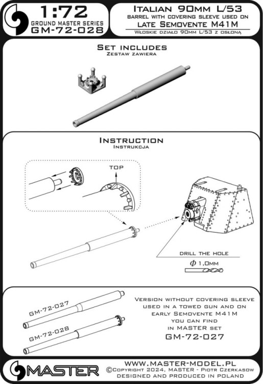 Master (Pl) G72028 Italian 90mm L/53 gun barrel w/ cover. sleeve 1/72