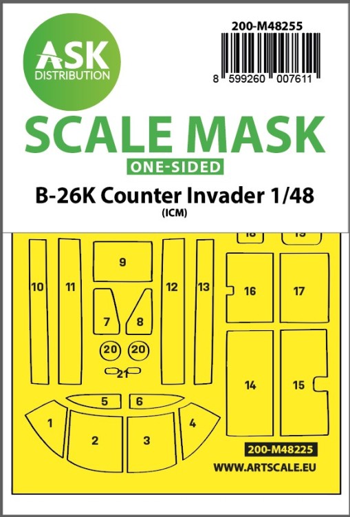 Art Scale 200-M48255 Douglas B-26K Counter Invader one-sided self adhesive fit masks for clear parts 1/48