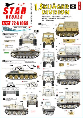 Star Decals 72-A1069 1. Skijager Division. German SkijГ¤ger Division on Eastern Front 1944-45.Sturmgeschutz/StuG.III Ausf.G, R.S.O./1, T-34 m/1941, T-34 m/1943, Grille Ausf.H 15cm SPG, Kfz 1 Kubelwagen 1/72