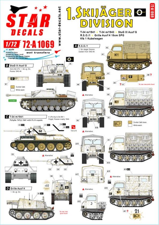 Star Decals 72-A1069 1. Skijager Division. German SkijГ¤ger Division on Eastern Front 1944-45.Sturmgeschutz/StuG.III Ausf.G, R.S.O./1, T-34 m/1941, T-34 m/1943, Grille Ausf.H 15cm SPG, Kfz 1 Kubelwagen 1/72