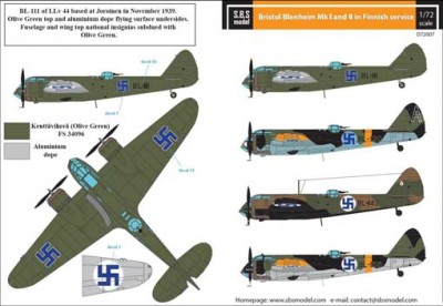 Sbs Model D72007 Декаль Br.Blenheim Mk.I/II in Finnish service 1/72