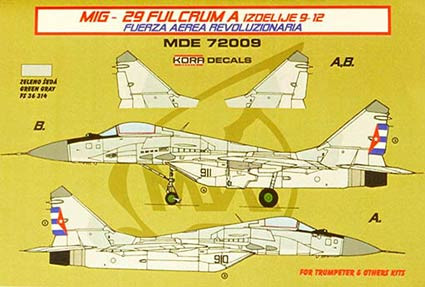 Kora Model MDE72009 MiG-29 Fulcrum 9-12 Cuban Air Force декали декали 1/72
