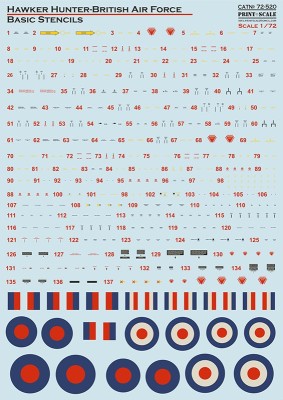 Print Scale 72520 Hawker Hunter RAF basic stencil A complete set of technical decals for a classic British jet aircraft from the 60's and 70's. A great addition to the main kits 1/72