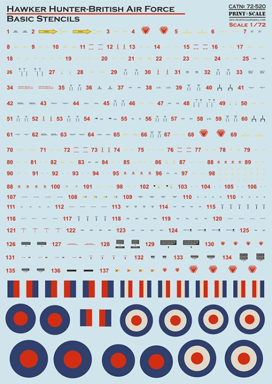 Print Scale 72520 Hawker Hunter RAF basic stencil A complete set of technical decals for a classic British jet aircraft from the 60's and 70's. A great addition to the main kits 1/72