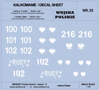 Weikert Decals 235 Polish Army T-34/85 RUDY 102, 1st Arm.Brigade 1/48