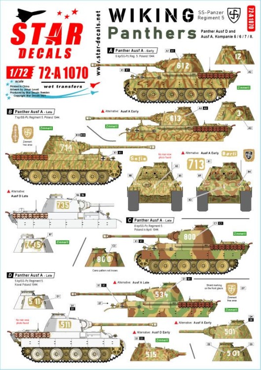 Star Decals 72-A1070 Wiking # 1.SS-Pz.Regient 5. Panthers. Panther Ausf.D and Ausf.A in kp 5 / 6 / 7 / 8 1/72