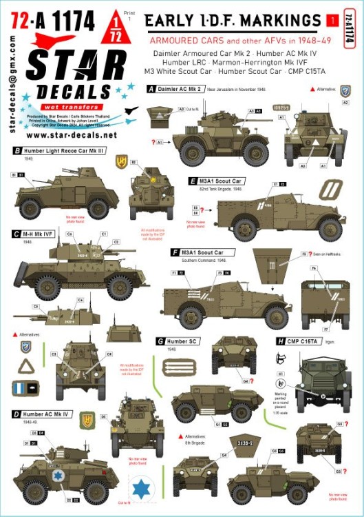 Star Decals 72-A1174 Early IDF markings # 1.Israeli armoured cars and AFVs in 1948-49.Daimler AC Mk.2, Humber AC Mk.IV, Humber LRC,Marmon-Herrington Mk.IVF, M3 White Scout Car, Humber SC, CMP C15TA 1/72