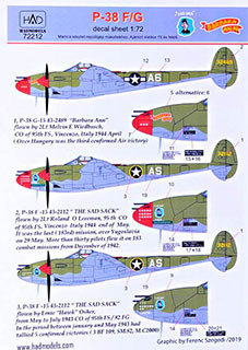 HAD 72212 Decal P-38 F/G above Europe (3x camo) 1/72