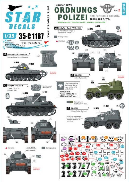 Star Decals 35-C1187 Ordnungs Polizei # 2. Ordnungs Polizei # 2. Anti Partisan and Security service. Pz.Kpfw. I Ausf.F VK.1801, Hotchkiss H38 or H39, Pz.Kpfw. IV Ausf.F, BA-10M 1/35