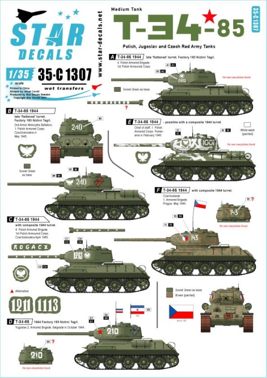 Star Decals 35-C1307 T-34/85 Medium Tank.Polish, Jugoslav and Czech Red Army tanks.1st Polish Armoured Brigade, Czechoslovak 1st Armoured Brigadeand Jugoslav 2nd Armoured Brigade. [Soviet] 1/35