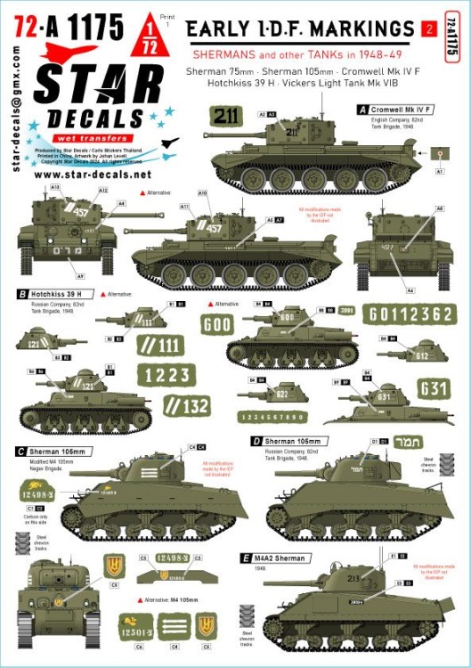 Star Decals 72-A1175 Early IDF markings # 2.Israeli armoured cars and AFVs in 1948-49.Sherman 75mm, Sherman 105mm, Cromwell Mk.IVF, Hotchkiss 39 H, Vickers Light Tank Mk.VI B 1/72