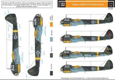 Sbs Model D72009 Декаль Junkers Ju 88 A-4 in Finnish service 1/72