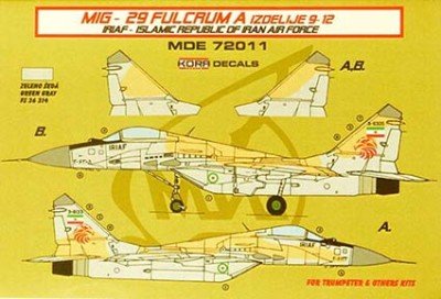 Kora Model MDE72011 MiG-29 Fulcrum 9-12 IRIAF декали декали 1/72