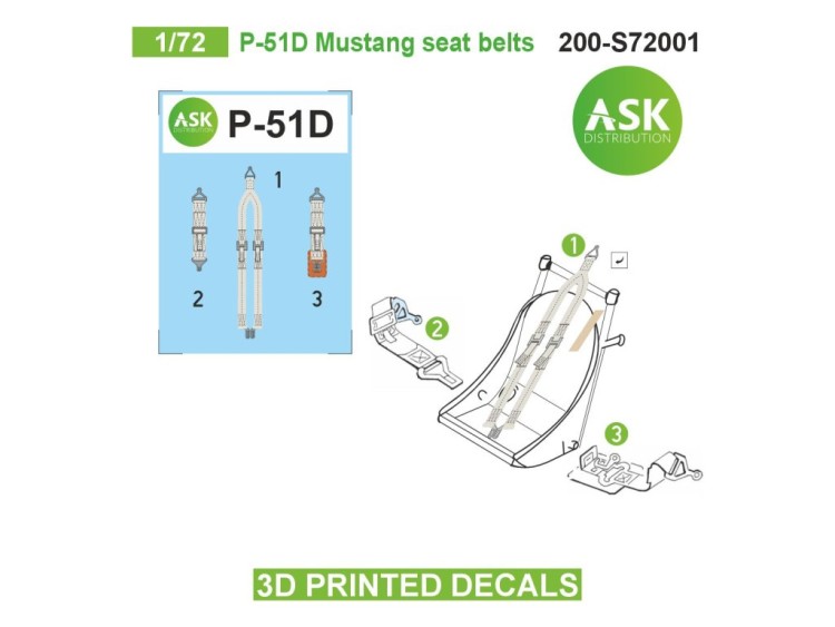 Art Scale 200-S72001 North-American P-51D Mustang seat belts - 3D-printed decals 1/72