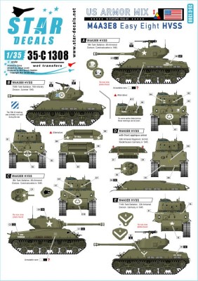 Star Decals 35-C1308 US Armored Mix # 1.M4A3E8 'Easy Eight' HVSS in Europe 1944-45.18th Tank Battalion, 756th Tank Battalion, 33rd Armored Brigade, 714th Tank Battalion, 68th Tank Battalion 1/35