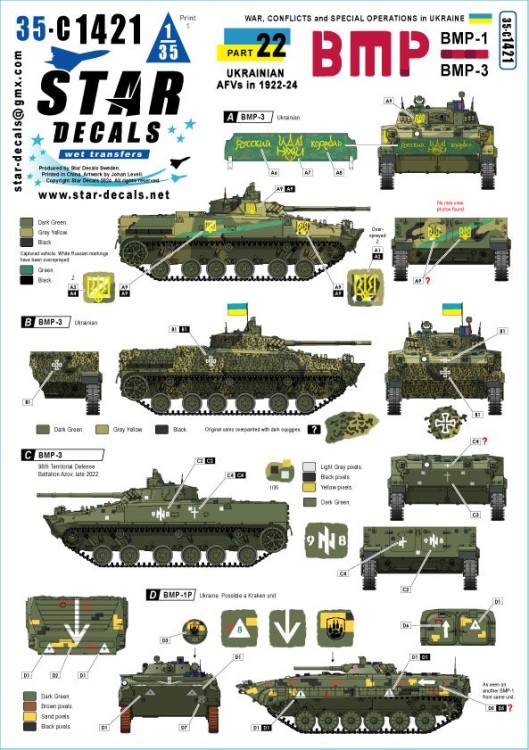 Star Decals 35-C1421 War in Ukraine # 22. Ukrainian BMP-1 and BMP-3 in 2022-24 1/35