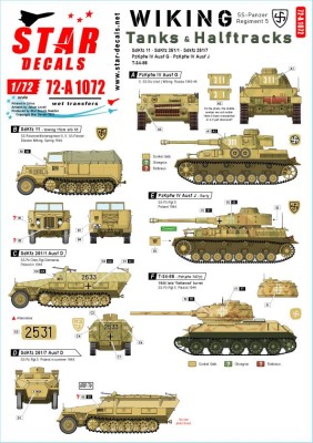 Star Decals 72-A1072 Wiking # 3.SS-Pz.Regient 5. Tanks &amp; Halftracks. Pz.Kpfw.IV Ausf.G, Pz.Kpfw.IV Ausf.J, Sd.Kfz.11, Sd.Kfz.251/1 Ausf.D, Sd.Kfz.251/7 Ausf.D,T-34-85 1/72