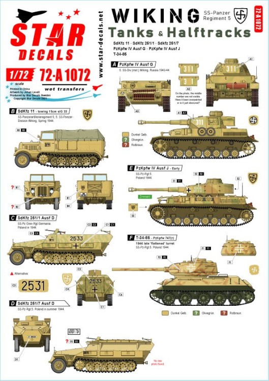 Star Decals 72-A1072 Wiking # 3.SS-Pz.Regient 5. Tanks & Halftracks. Pz.Kpfw.IV Ausf.G, Pz.Kpfw.IV Ausf.J, Sd.Kfz.11, Sd.Kfz.251/1 Ausf.D, Sd.Kfz.251/7 Ausf.D,T-34-85 1/72