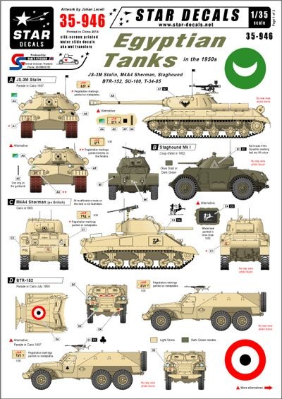 Star Decals STAR35946 Egyptian Tanks, 1950s. BTR-152, M4A4 Sherman, Soviet T-34-85, SU-100, JS-3M Stalin, Staghound Mk.I 1/35