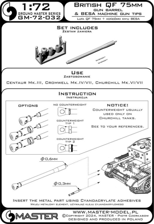 Master (Pl) G72032 British QF 75mm gun barrel + Besa MG tips 1/72