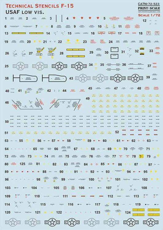 Print Scale 72523 McDonnell F-15A/F-15C/F-15E Eagle Technical Stencils 'Low Vis 1/72