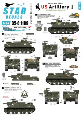 Star Decals 35-C1189 Korean War - US Artillery # 1. Korean War 1950-53. M7 and M7B1 Priest 105mm HMC. Ohio and Wyoming Army National Guard. 'Lucky Seven', 'Hell Bound', 'Brown Noser', Brown Bomber', 'Blitzkrieg', 'Good Night Irene' 1/35