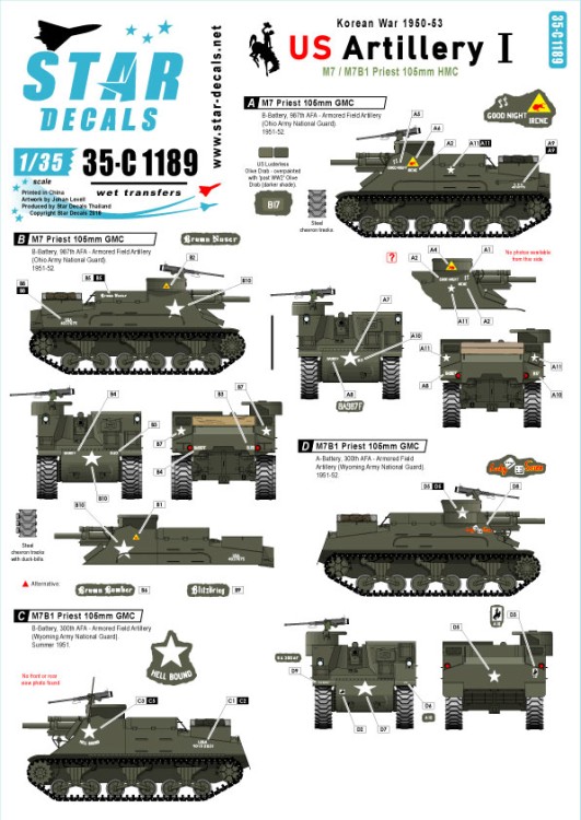 Star Decals 35-C1189 Korean War - US Artillery # 1. Korean War 1950-53. M7 and M7B1 Priest 105mm HMC. Ohio and Wyoming Army National Guard. 'Lucky Seven', 'Hell Bound', 'Brown Noser', Brown Bomber', 'Blitzkrieg', 'Good Night Irene' 1/35