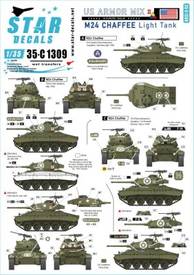 Star Decals 35-C1309 US Armored Mix # 2.M24 Chaffee in Europe 1944-45.752nd Tank Battalion, 13th Tank Battalion, 81st Reconnaissance Sqn, 2nd Cavalry Reconnaissance Sqn 1/35