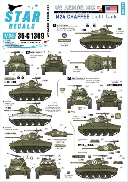 Star Decals 35-C1309 US Armored Mix # 2.M24 Chaffee in Europe 1944-45.752nd Tank Battalion, 13th Tank Battalion, 81st Reconnaissance Sqn, 2nd Cavalry Reconnaissance Sqn 1/35