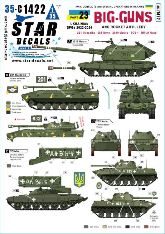 Star Decals 35-C1422 War in Ukraine # 23. Ukrainian Big Guns and Rocket Artillery. 2S1, 2S9 Nona, 2S19 Msta-s, TOS-1 and BM-21 Grad 1/35