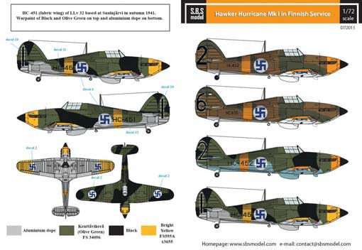 SBS model D72011 Декаль H.Hurricane Mk.I in Finnish service 1/72