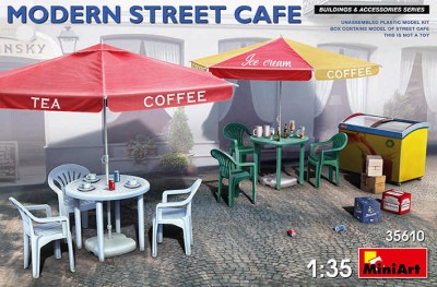MiniArt 35610 Modern Street Cafe(чашки, блюдце, посуда, бутылки, еда, стулья, кресло) 1/35