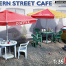 MiniArt 35610 Modern Street Cafe(чашки, блюдце, посуда, бутылки, еда, стулья, кресло) 1/35