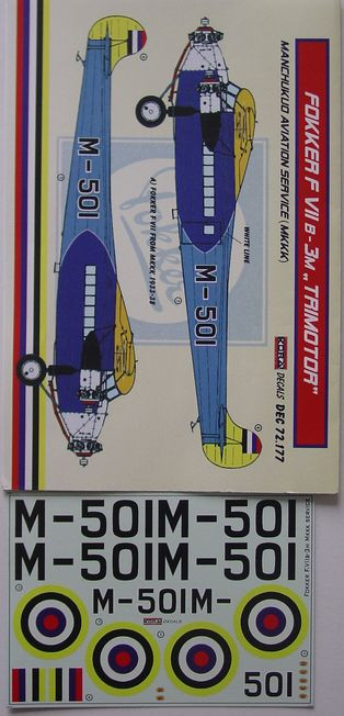 Kora Model DEC72177 Fokker F VII B-3M TRIMOTOR декали декали 1/72