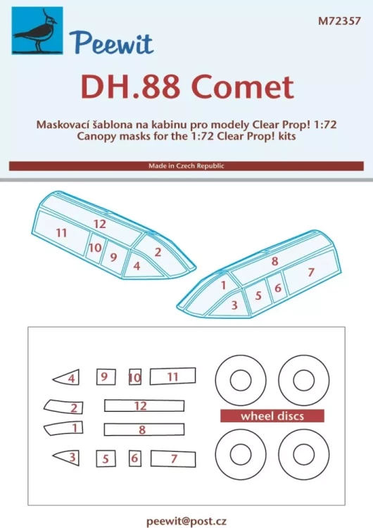 Peewit M72357 Canopy mask DH.88 Comet (CL.PROP) 1/72