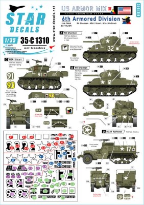 Star Decals 35-C1310 US Armored Mix # 3.15th Tank Battalion, 6th Armored Division in Europe. M4 Sherman, M5A1 Stuart and M3A1 Halftrack 1/35