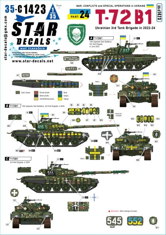 Star Decals 35-C1423 War in Ukraine # 24. Ukrainian 3rd Tank Brigade in 2022-24. T-72B1 1/35