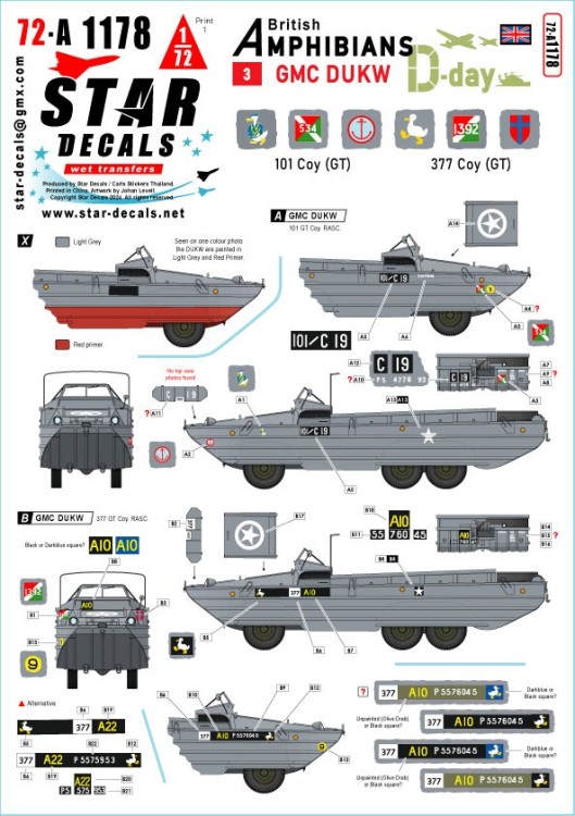 Star Decals 72-A1178 D-Day DUKW.British Amphibians # 3.101 Coy (GT) and 377 Coy (GT) RASC 1/72