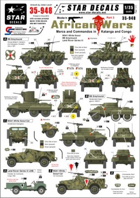Star Decals STAR35948 Modern African Wars #3. Mercs and Commandos in Katanga and Congo. M3A1 White Scout M8 Greyhound Land Rover Series III 1/35