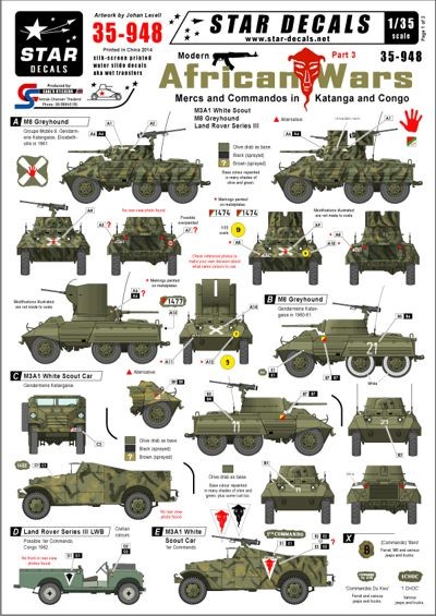 Star Decals STAR35948 Modern African Wars #3. Mercs and Commandos in Katanga and Congo. M3A1 White Scout M8 Greyhound Land Rover Series III 1/35