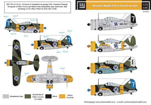 SBS model D72012 Декаль Brewster Model 239 in Finnish service 1/72